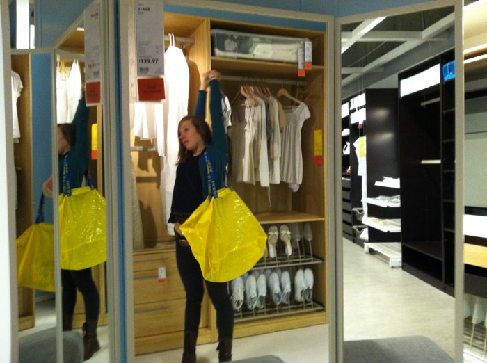 Tri-mirror for closet (with daughter reflected.)