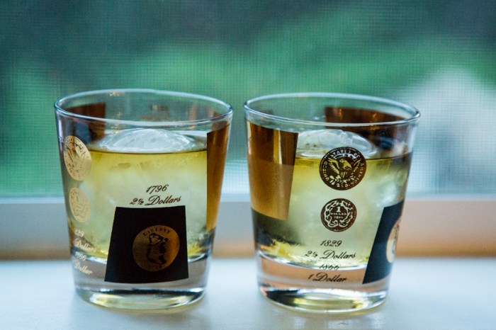 Scotch on giant ice balls "rocks" served in mid-century modern cocktail glasses